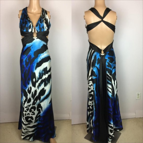 Cache Maxi Dress Size 2 Womans Blue Black Satin Open Back Cut Out Evening Y2K - Picture 1 of 15